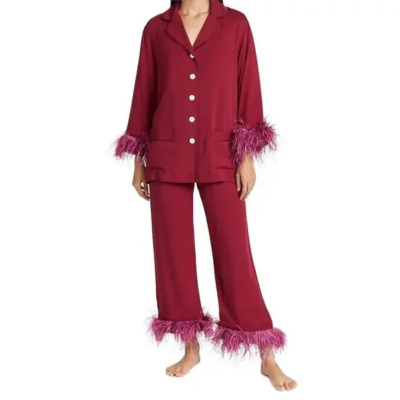 Sleeper Burgundy Feather Trim Pajama Set - Picture 1 of 6